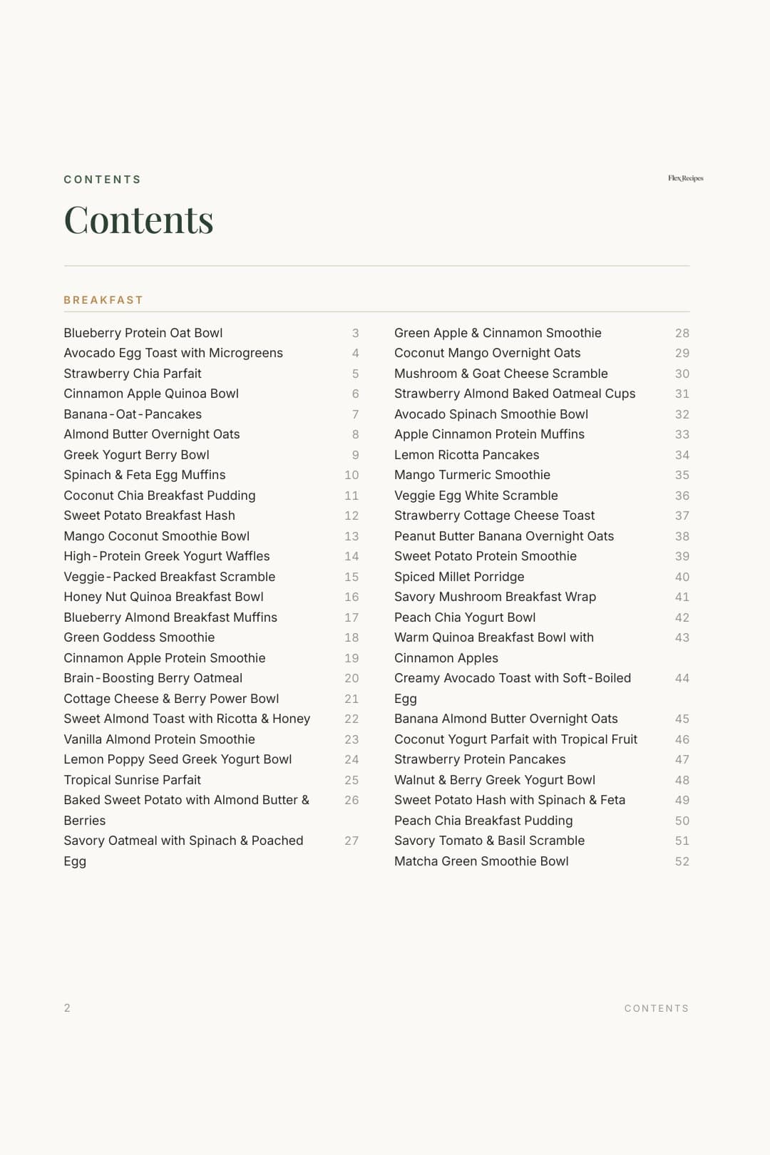 Contents page from the Flex Recipes cookbook