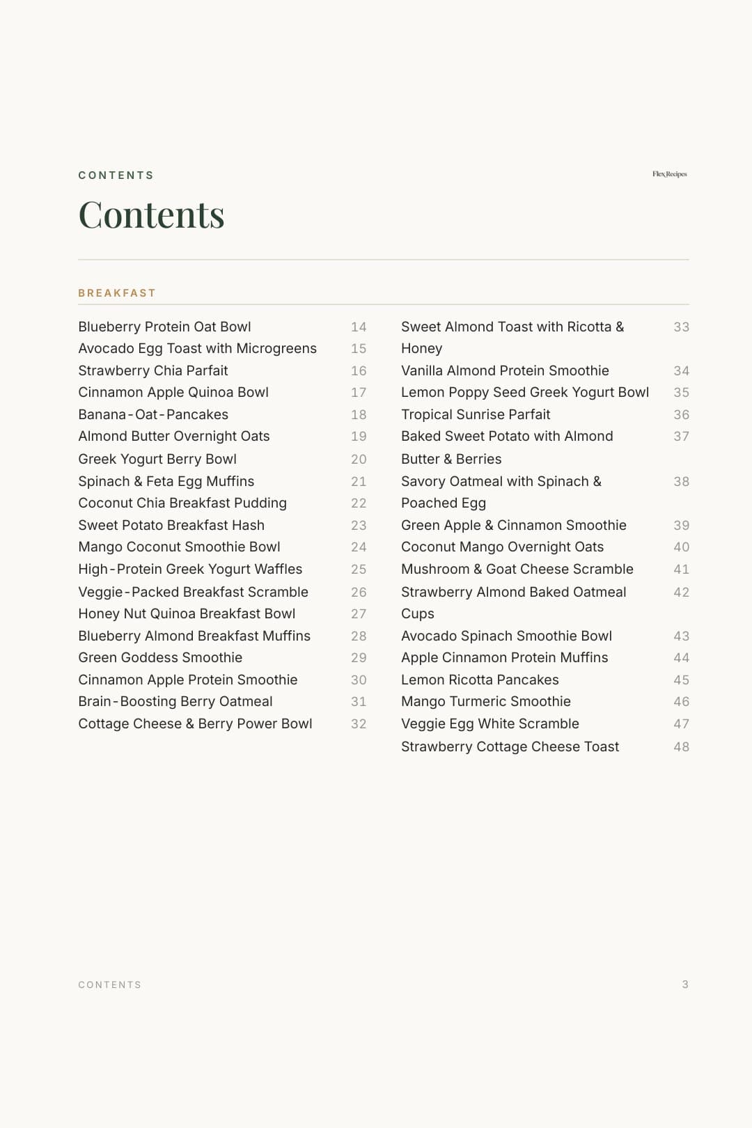 Contents page from the Flex Recipes cookbook