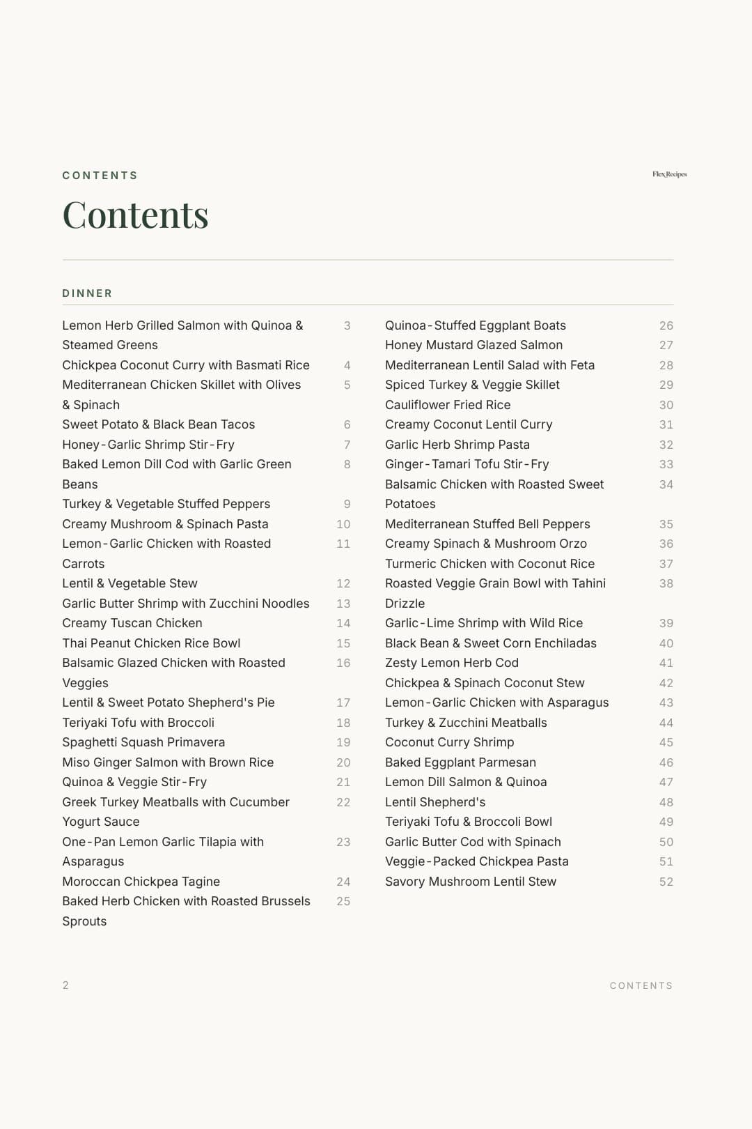 Contents page from the Flex Recipes cookbook