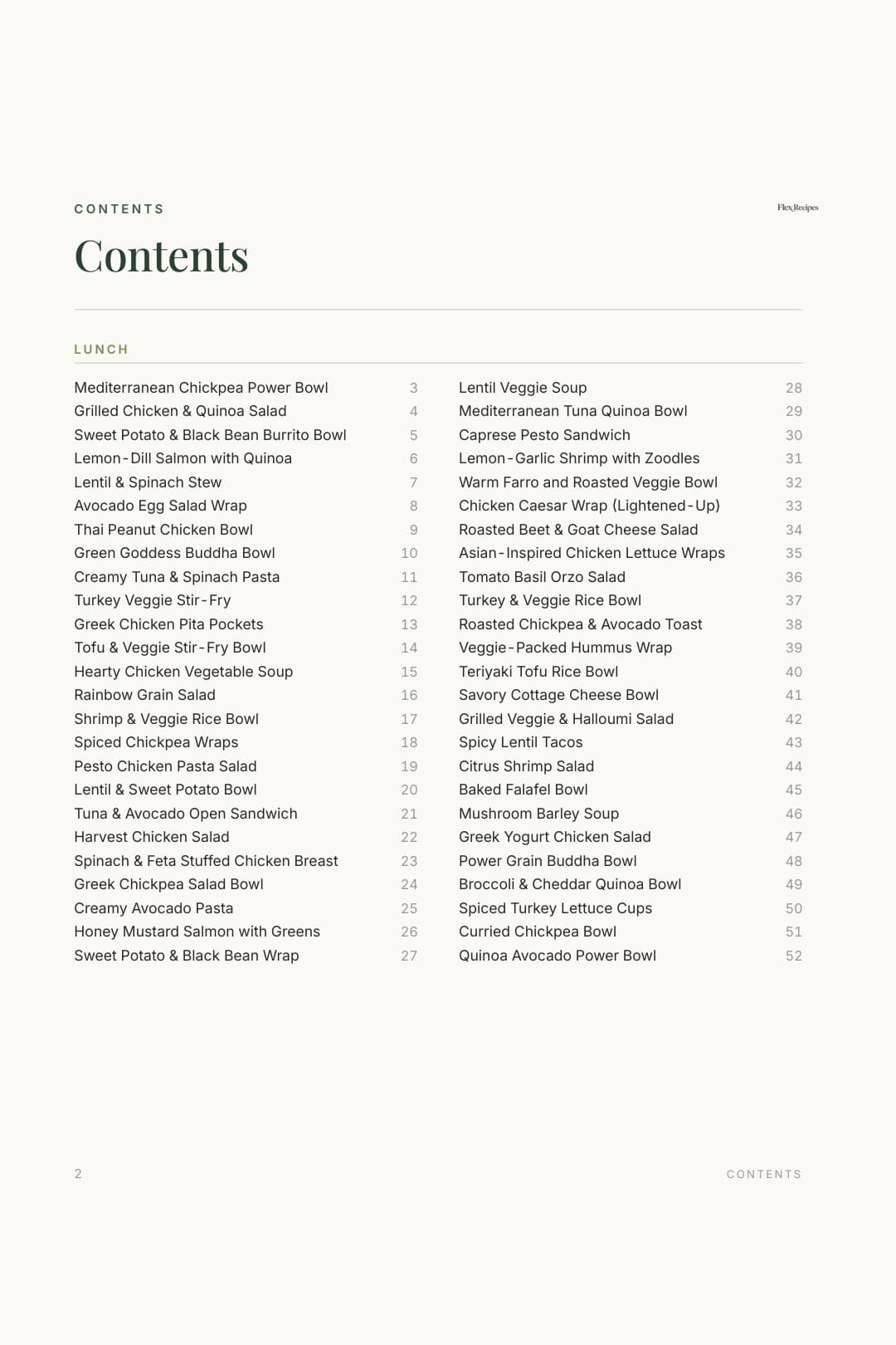 Contents page from the Flex Recipes cookbook