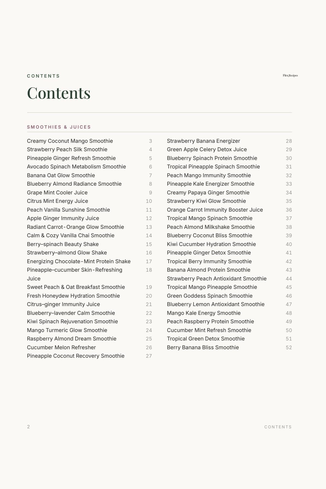 Contents page from the Flex Recipes cookbook