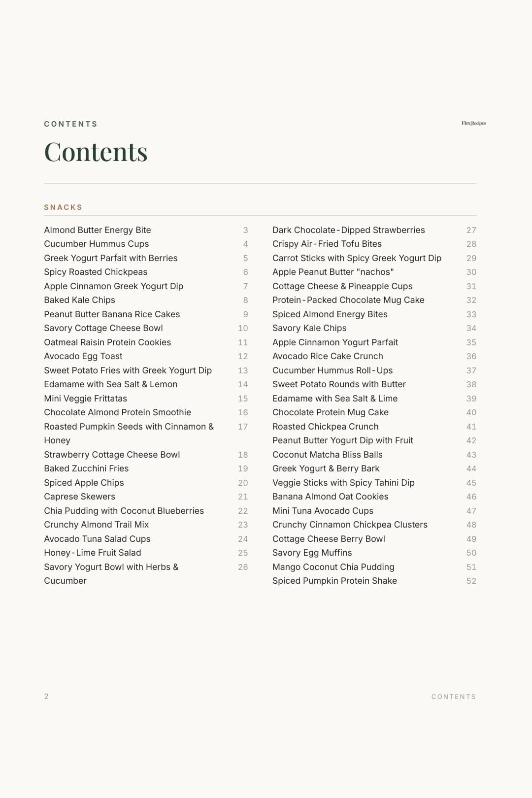 Contents page from the Flex Recipes cookbook