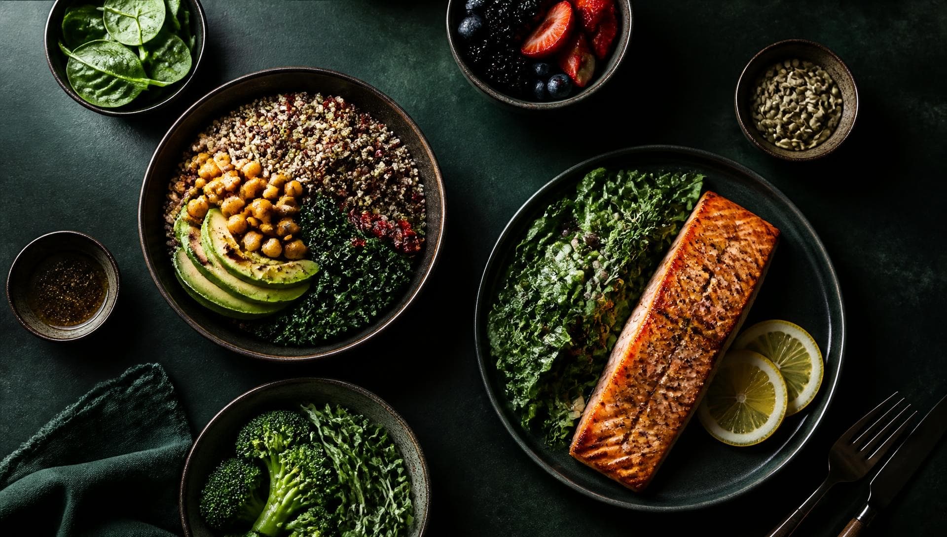 Grilled salmon with kale, quinoa power bowls, and fresh berries, from the Flex Recipes collection.