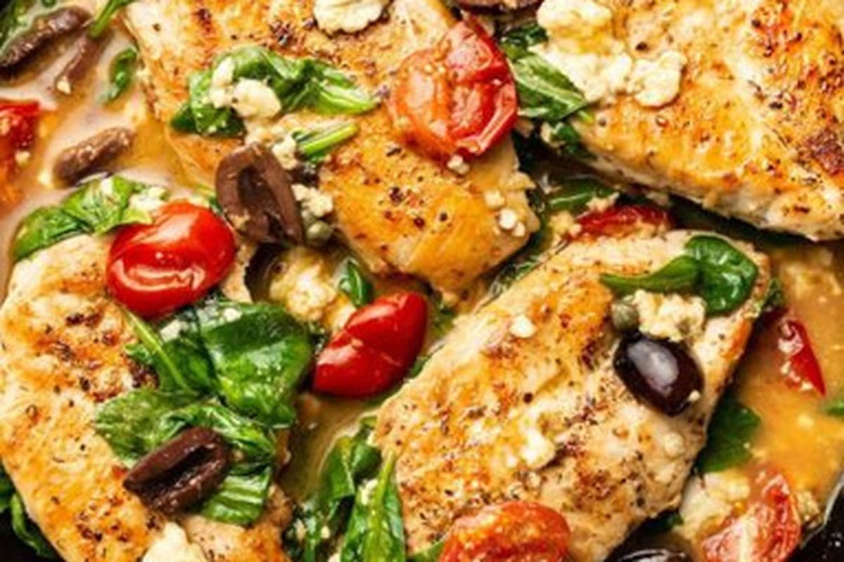 Mediterranean Chicken Skillet With Olives & Spinach
