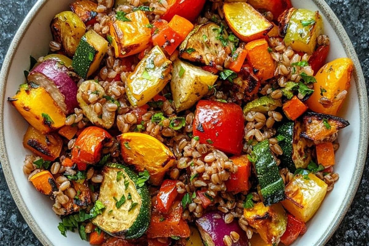 Warm Farro And Roasted Veggie Bowl